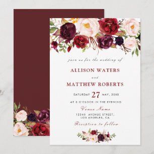 rustieke bordeaux bloemen bruiloft uitnodiging