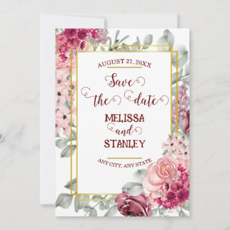 Rustieke bordeaux marsala roze bloem save the date kaart