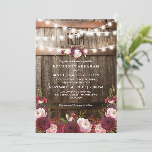 Rustieke bordeauxrode bloemenslinger voor trouwfee kaart (Staand voorkant)