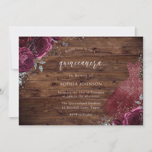 Rustieke bordeauxrode glinsterende jurk Roos Quinc Kaart (Voorkant)