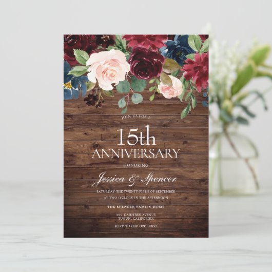 Rustieke bordeauxrode wijn 15e trouwdag kaart (Staand voorkant)