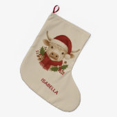 Rustieke borduurwerk Highland Koe met Santa Hat Grote Kerstsok (Voorkant (Hangend))