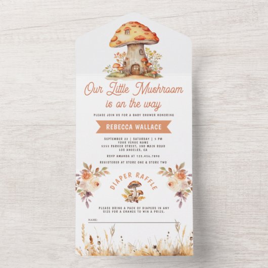 Rustieke bos bos paddenstoel baby shower all in one uitnodiging (Binnen)