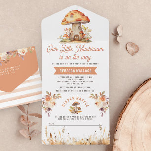 Rustieke bos bosbospaddenstoel baby shower all in one uitnodiging