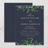 Rustieke bos gebladerte grens marine blauw bruilof kaart (Voorkant / Achterkant)