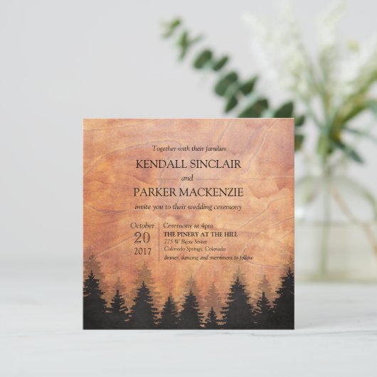 Rustieke bos hout bruiloft uitnodiging 5.25 x 5.25 (Staand voorkant)