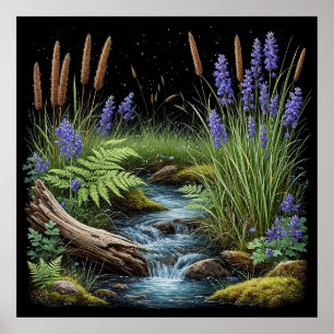 Rustieke Bosbeek Scene Met Lavendel Poster
