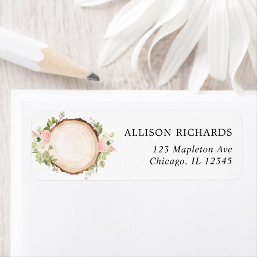 Rustieke bosrijke blush roze wit bloemenhouten pla etiket (Insitu)