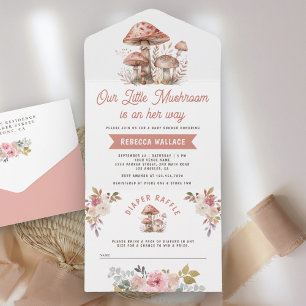 Rustieke bosroze paddestoel baby shower all in one uitnodiging
