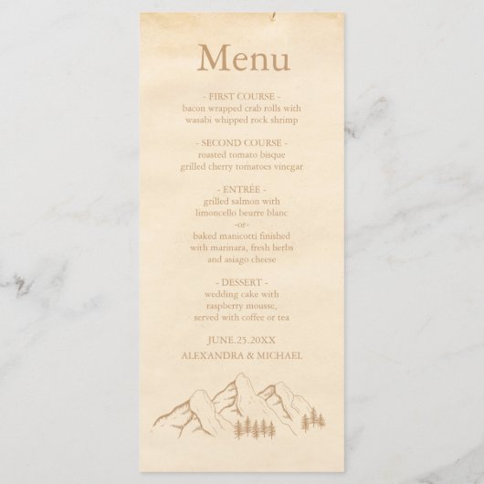 Rustieke Bossen Mountain Sketch Bruiloft Menu (Achterkant)