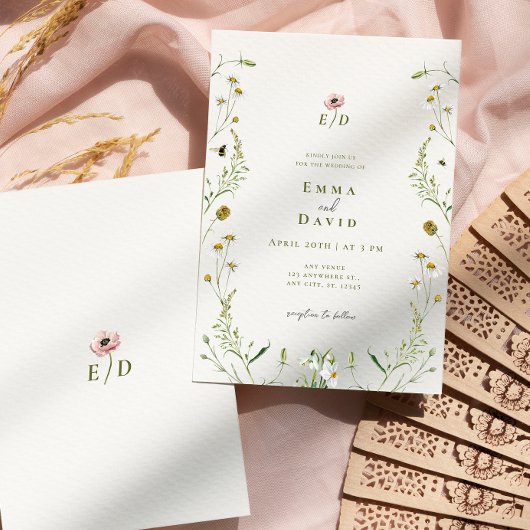 Rustieke botanische bloemen bijen bruiloft uitnodi kaart