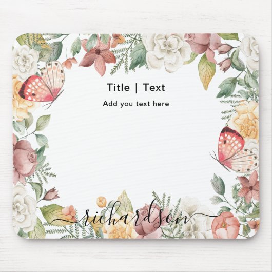 Rustieke Botanische Bloemen Roos Roze Vlinder Cust Muismat (Voorkant)