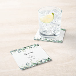 Rustieke Botanische Eucalyptus Groene Huwelijk Vierkante Kartonnen Onderzetter