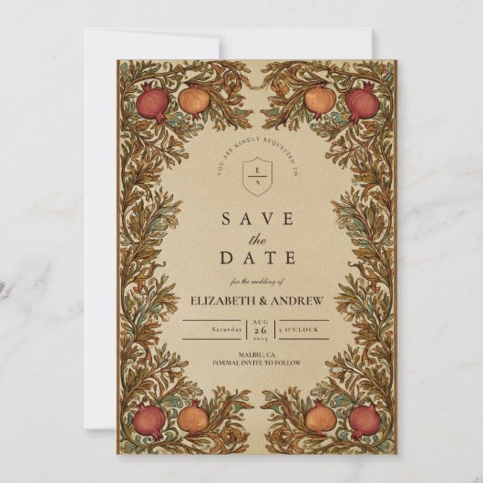 Rustieke botanische granaatappel bruiloft save the date (Voorkant)