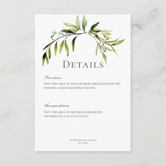 Rustieke botanische groen bug bruiloft details informatiekaartje (Voorkant)