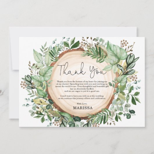 Rustieke botanische groene bruidsdouche bedankkaart (Voorkant)