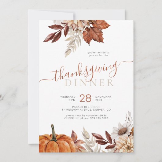 Rustieke botanische pompoen Thanksgiving diner Kaart (Voorkant)