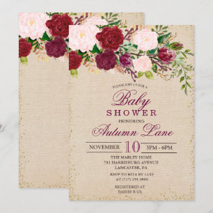Rustieke Bourgogne Bloemen Baby shower Invitation Kaart
