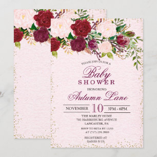 Rustieke Bourgogne Bloemen Baby shower Invitation Kaart