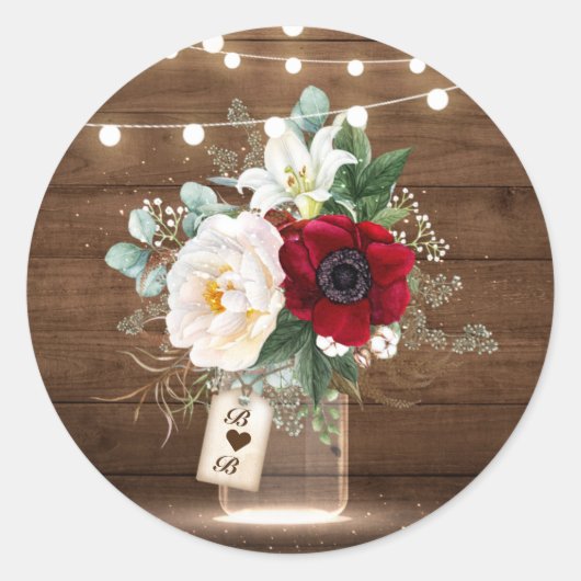Rustieke Bourgogne Bloemen Mason Jar Bruiloft Enve Ronde Sticker (Voorkant)