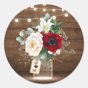 Rustieke Bourgogne Bloemen Mason Jar Bruiloft Enve Ronde Sticker