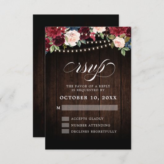 Rustieke Bourgogne Bloemen String Licht Bruiloft R RSVP Kaartje (Voorkant / Achterkant)