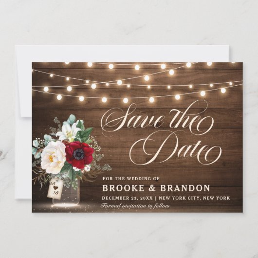 Rustieke Bourgogne Bloemen String Lights Mason Jar Save The Date (Voorkant)