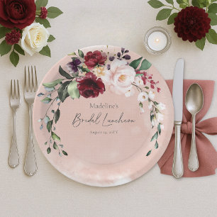 Rustieke Bourgogne & Blush Roze Rozen Bruids Lunch Papieren Bordje