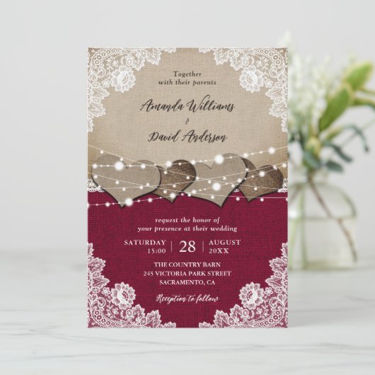 Rustieke Bourgogne Burlap Kant Bruiloft Kaart (Staand voorkant)