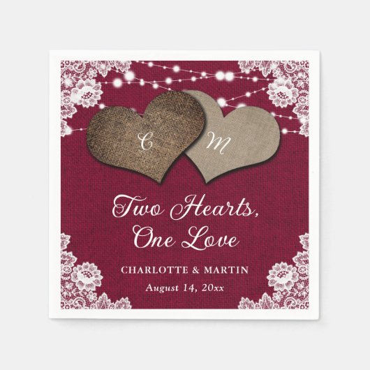 Rustieke Bourgogne Burlap Lace String Lights Bruil Servet (Voorkant)