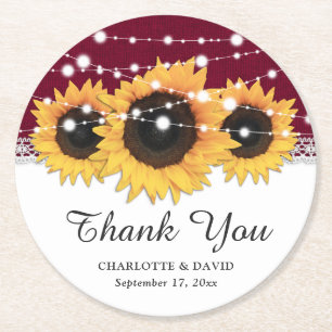 Rustieke Bourgogne Burlap Zonnebloem Bruiloft Ronde Kartonnen Onderzetter