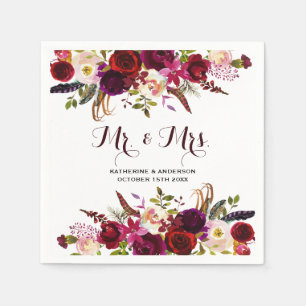 Rustieke Bourgogne Chic Floral Mr en Mrs Wedding Servetten