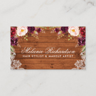 Rustieke Bourgogne Floral Lace Wood Visitekaartje Afsprakenkaartje