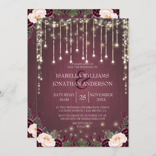 Rustieke Bourgogne Hout & String Lights Bruiloft Kaart (Voorkant / Achterkant)