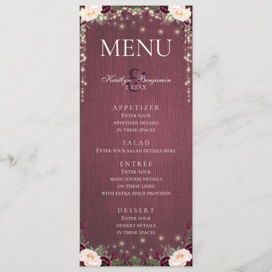 Rustieke Bourgogne Hout & String Lights Bruiloft M Menu (Voorkant)