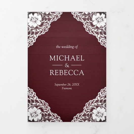 Rustieke Bourgogne Houten Kant String Lights Bruil Drieluik Uitnodiging (Cover)