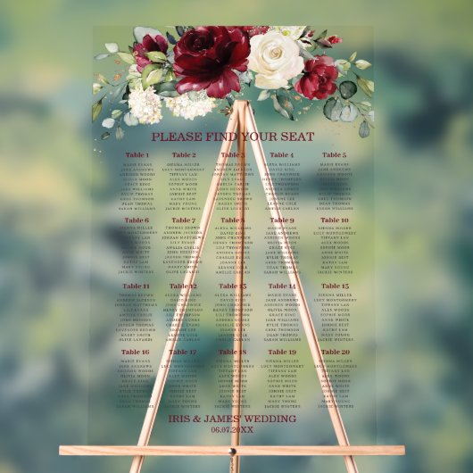 Rustieke Bourgogne Ivoor Witte Bloemen Trouwstoele Acryl Bord (Neutraal)