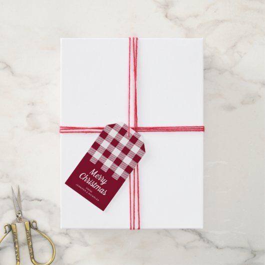 Rustieke Bourgogne Plaid Vrolijk Kerstfeest Cadeaulabel (Met Touw)
