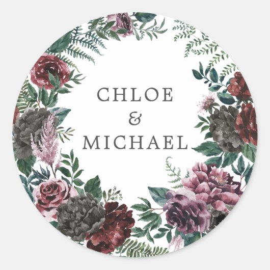 Rustieke Bourgogne Rode Bloemen Bruiloft Envelope Ronde Sticker (Voorkant)