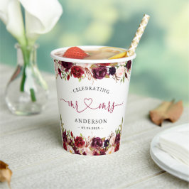 Rustieke Bourgogne Rode Bloemen Mr. Mrs Script Bru Papieren Bekers