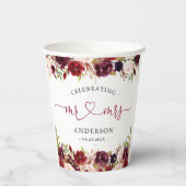 Rustieke Bourgogne Rode Bloemen Mr. Mrs Script Bru Papieren Bekers (Achterkant)