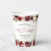 Rustieke Bourgogne Rode Bloemen Mr. Mrs Script Bru Papieren Bekers (Voorkant)