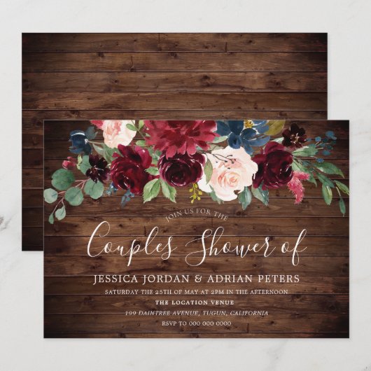 Rustieke Bourgogne Rode Wijn Koppels Bruisparty Kaart (Voorkant / Achterkant)