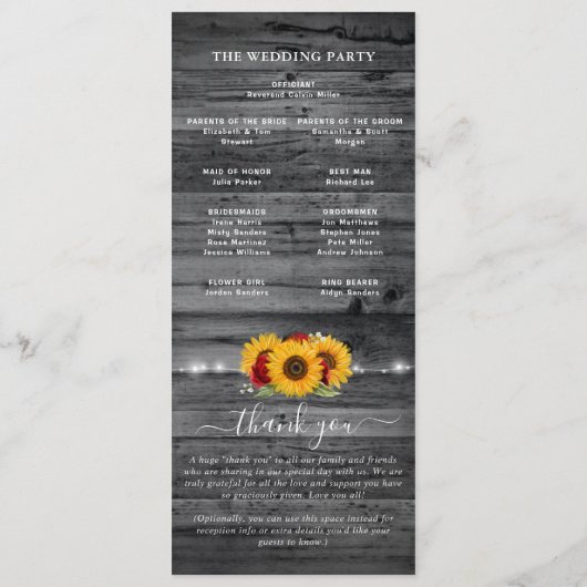 Rustieke Bourgogne Roos gouden zonnebloem bruiloft Programma (Achterkant)