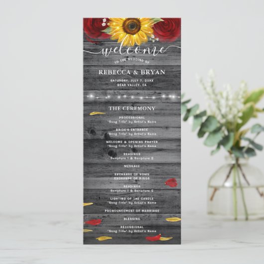 Rustieke Bourgogne Roos gouden zonnebloem bruiloft Programma (Staand voorkant)