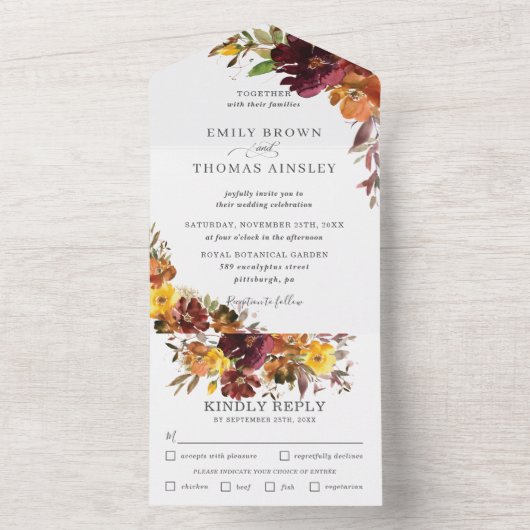 Rustieke Bourgogne Sinaasappel Geel Bloemen Bruilo All In One Uitnodiging (Binnen)