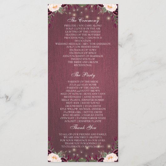 Rustieke Bourgogne Wood String Lights Trouwprogram Programma (Achterkant)