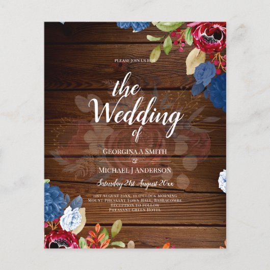 Rustieke Bourgondië Blauw Bloemige Bruiloft (Voorkant)