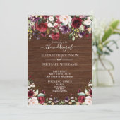 Rustieke Bourgondische Bloemen Hout Script Bruilof Kaart (Staand voorkant)