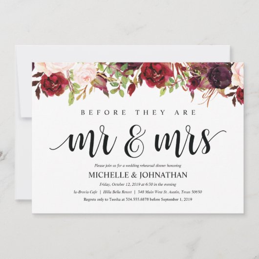 Rustieke Bourgondische bruiloft repetitie Diner Ui Kaart (Voorkant)